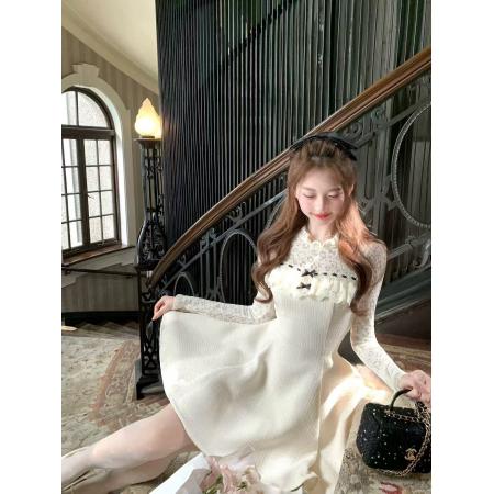 FA53708# 雪绒香榭千金感小香风拼接蕾丝花边精致年会连衣裙