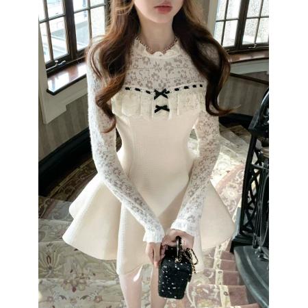 FA53708# 雪绒香榭千金感小香风拼接蕾丝花边精致年会连衣裙