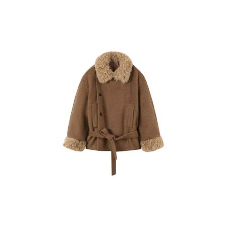 FA53711# 美拉德复古毛领毛呢外套女秋冬新款小个子收腰系带加厚大衣潮