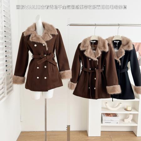 FA53712# 画解WAHJU古着秀场千金氛围感系带收腰双排扣毛呢外套