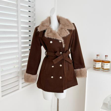 FA53712# 画解WAHJU古着秀场千金氛围感系带收腰双排扣毛呢外套