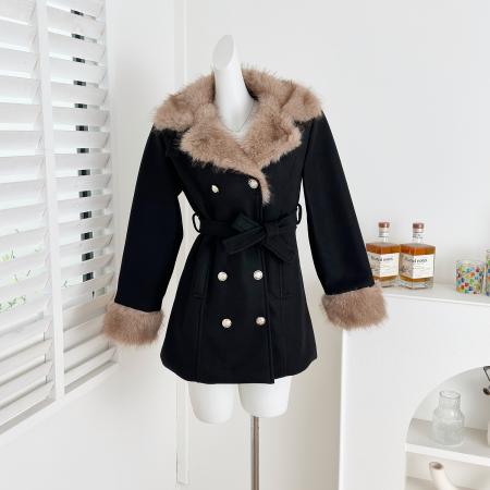 FA53712# 画解WAHJU古着秀场千金氛围感系带收腰双排扣毛呢外套