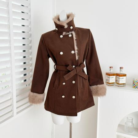 FA53712# 画解WAHJU古着秀场千金氛围感系带收腰双排扣毛呢外套