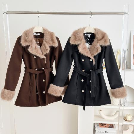 FA53712# 画解WAHJU古着秀场千金氛围感系带收腰双排扣毛呢外套