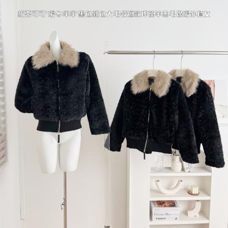 FA53713# 黑色新色大毛领短款环葆羊羔毛保暖外套女