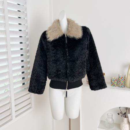 FA53713# 黑色新色大毛领短款环葆羊羔毛保暖外套女