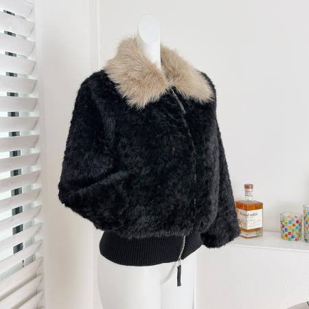 FA53713# 黑色新色大毛领短款环葆羊羔毛保暖外套女