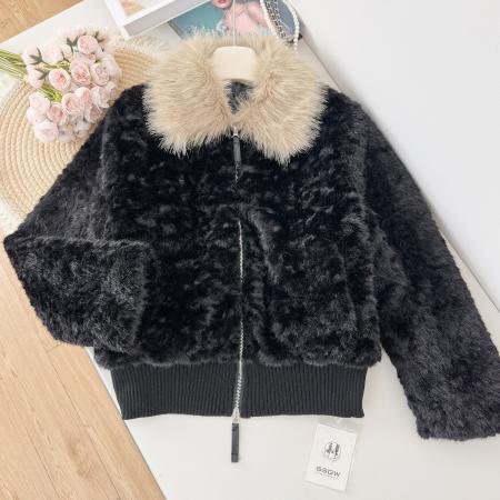 FA53713# 黑色新色大毛领短款环葆羊羔毛保暖外套女
