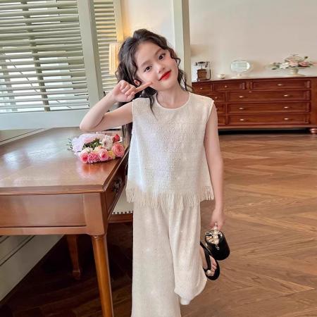 LN76421#女童夏季套装2025新款儿童时髦夏装绝美韩范流苏背心阔腿裤两件套