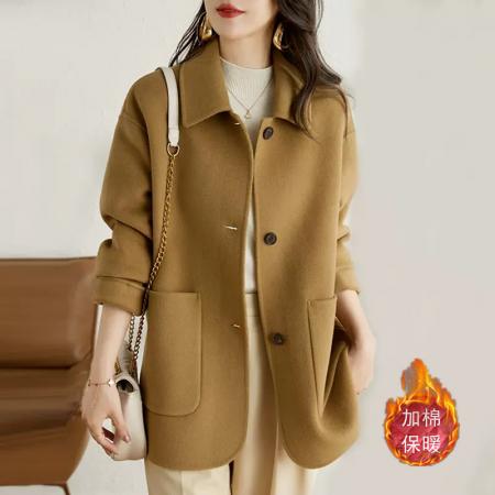 LN76423# 毛呢外套女2025秋冬新款韩版驼色简约毛呢外套单排扣赫本风大衣女