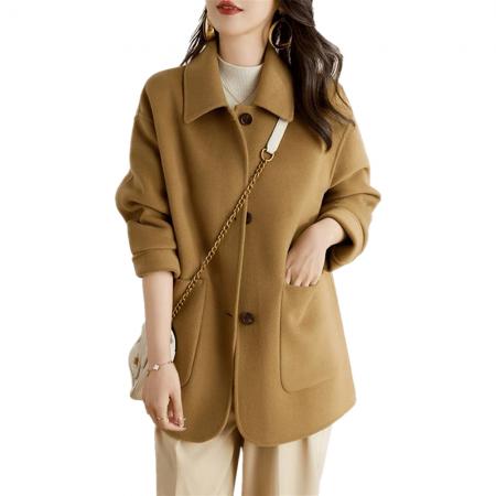 LN76423# 毛呢外套女2025秋冬新款韩版驼色简约毛呢外套单排扣赫本风大衣女