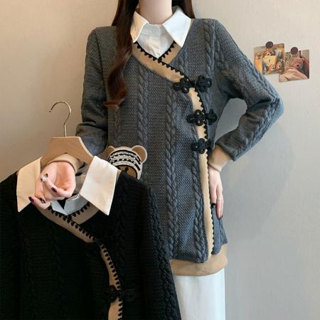 FA53714# 春季新款大码女装洋气时尚polo领盘扣设计简约显瘦卫衣裙 服裝批發女裝批發服飾貨源