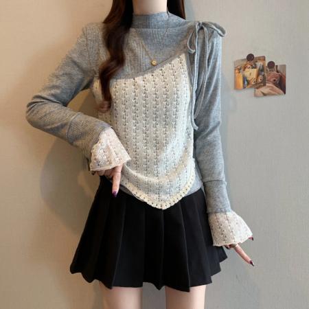 FA53715# 春季新款大码时尚设计感小众蕾丝拼接系带假两件T恤上衣 服裝批發女裝批發服飾貨源