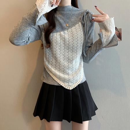 FA53715# 春季新款大码时尚设计感小众蕾丝拼接系带假两件T恤上衣 服裝批發女裝批發服飾貨源