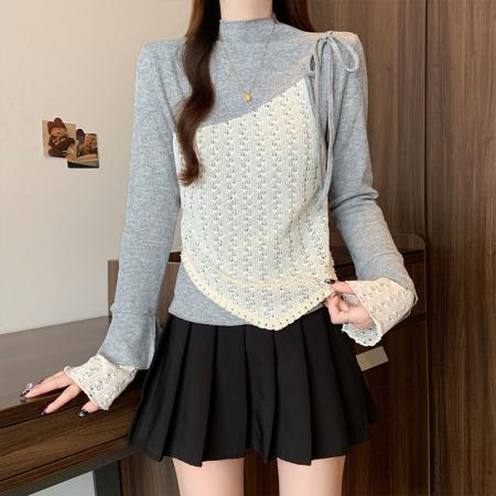 FA53715# 春季新款大码时尚设计感小众蕾丝拼接系带假两件T恤上衣 服裝批發女裝批發服飾貨源