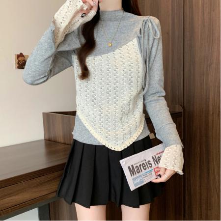 FA53715# 春季新款大码时尚设计感小众蕾丝拼接系带假两件T恤上衣 服裝批發女裝批發服飾貨源