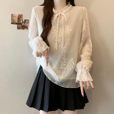 FA53719# 大码女装早春新中式蕾丝刺绣重工钉珠系带V领长袖雪纺衫 服裝批發女裝批發服飾貨源