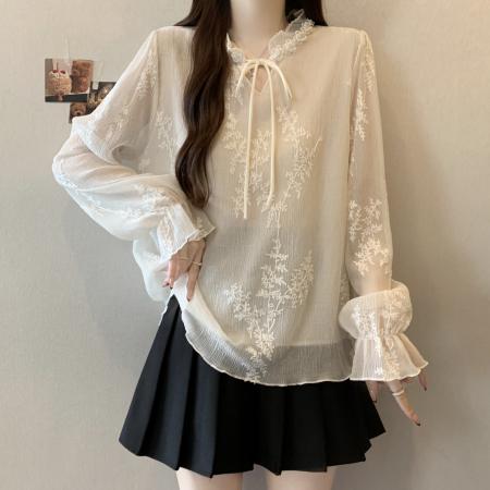 FA53719# 大码女装早春新中式蕾丝刺绣重工钉珠系带V领长袖雪纺衫 服裝批發女裝批發服飾貨源