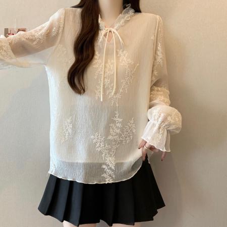 FA53719# 大码女装早春新中式蕾丝刺绣重工钉珠系带V领长袖雪纺衫 服裝批發女裝批發服飾貨源