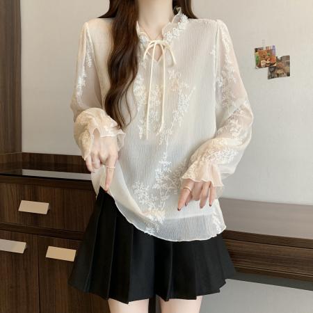 FA53719# 大码女装早春新中式蕾丝刺绣重工钉珠系带V领长袖雪纺衫 服裝批發女裝批發服飾貨源