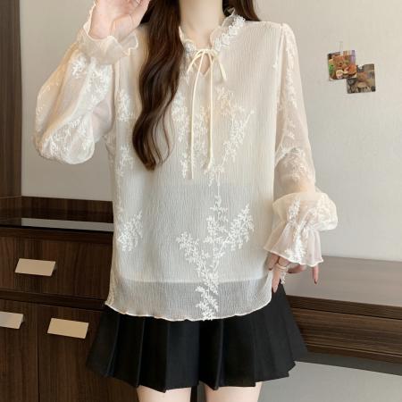 FA53719# 大码女装早春新中式蕾丝刺绣重工钉珠系带V领长袖雪纺衫 服裝批發女裝批發服飾貨源