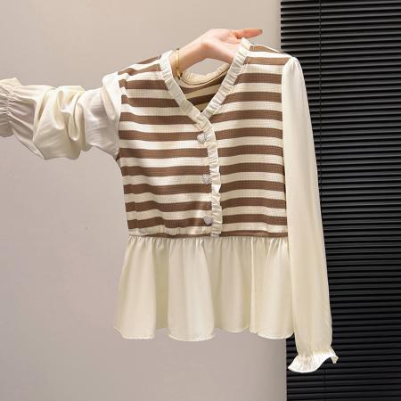 FA53721# 春装新款时尚洋气V领假两件拼接条纹长袖衬衫女收腰显瘦别致上衣 服裝批發女裝批發服飾貨源