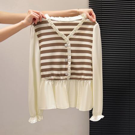 FA53721# 春装新款时尚洋气V领假两件拼接条纹长袖衬衫女收腰显瘦别致上衣 服裝批發女裝批發服飾貨源