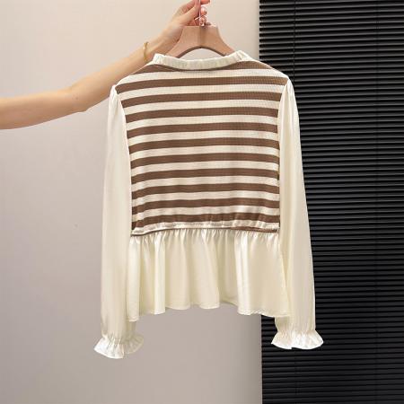 FA53721# 春装新款时尚洋气V领假两件拼接条纹长袖衬衫女收腰显瘦别致上衣 服裝批發女裝批發服飾貨源