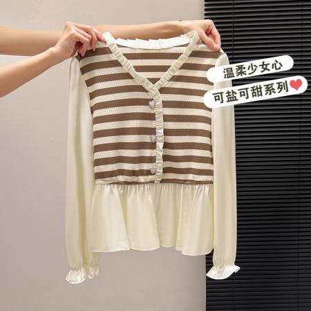 FA53721# 春装新款时尚洋气V领假两件拼接条纹长袖衬衫女收腰显瘦别致上衣 服裝批發女裝批發服飾貨源