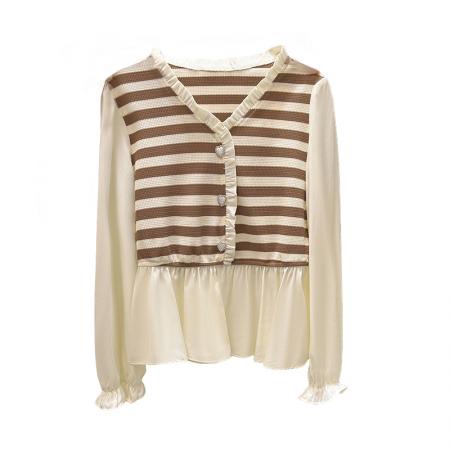 FA53721# 春装新款时尚洋气V领假两件拼接条纹长袖衬衫女收腰显瘦别致上衣 服裝批發女裝批發服飾貨源