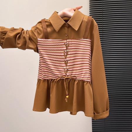 FA53722# 春装新款时尚洋气假两件拼接polo领条纹衬衫女设计感显瘦长袖上衣 服裝批發女裝批發服飾貨源