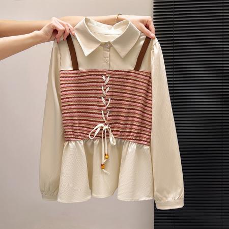 FA53722# 春装新款时尚洋气假两件拼接polo领条纹衬衫女设计感显瘦长袖上衣 服裝批發女裝批發服飾貨源