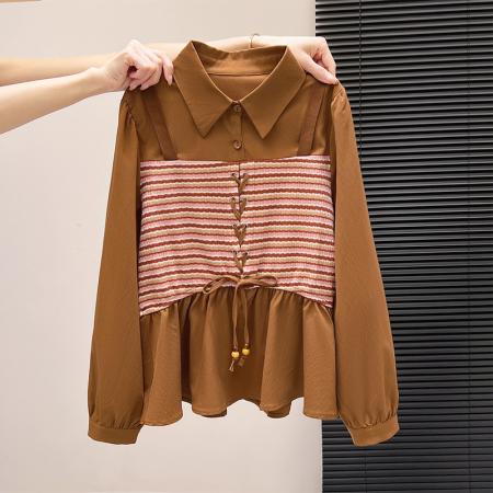 FA53722# 春装新款时尚洋气假两件拼接polo领条纹衬衫女设计感显瘦长袖上衣 服裝批發女裝批發服飾貨源