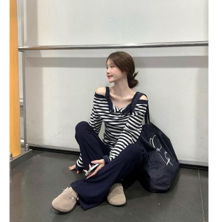 FA53724# 原版面料秋季甜酷辣妹条纹假两件长袖T恤设计感修身显瘦上衣 服裝批發女裝批發服飾貨源