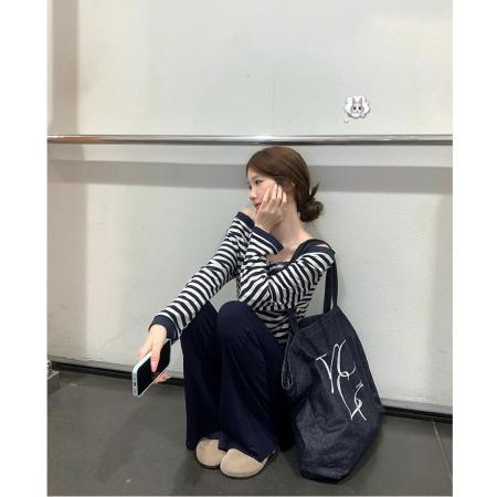 FA53724# 原版面料秋季甜酷辣妹条纹假两件长袖T恤设计感修身显瘦上衣 服裝批發女裝批發服飾貨源