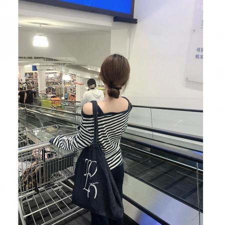 FA53724# 原版面料秋季甜酷辣妹条纹假两件长袖T恤设计感修身显瘦上衣 服裝批發女裝批發服飾貨源