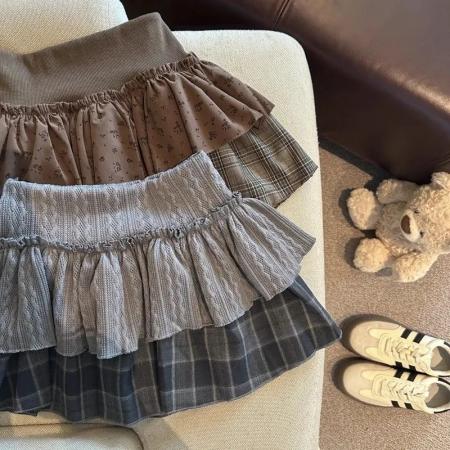 FA53728# 辣妹风碎花格纹蓬蓬蛋糕短裙女秋冬季高腰显瘦A字双层半身裙 服裝批發女裝批發服飾貨源