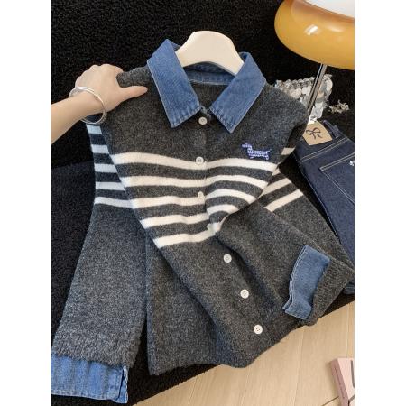 FA53732# ～牛仔拼接条纹正肩毛衣外套女冬新款假两件针织开衫 服裝批發女裝批發服飾貨源