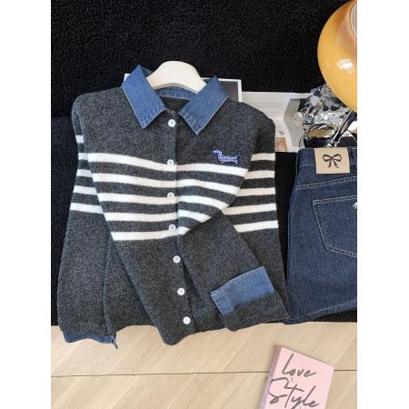 FA53732# ～牛仔拼接条纹正肩毛衣外套女冬新款假两件针织开衫 服裝批發女裝批發服飾貨源