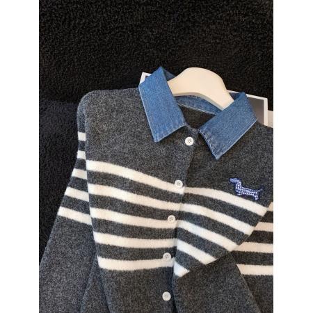 FA53732# ～牛仔拼接条纹正肩毛衣外套女冬新款假两件针织开衫 服裝批發女裝批發服飾貨源