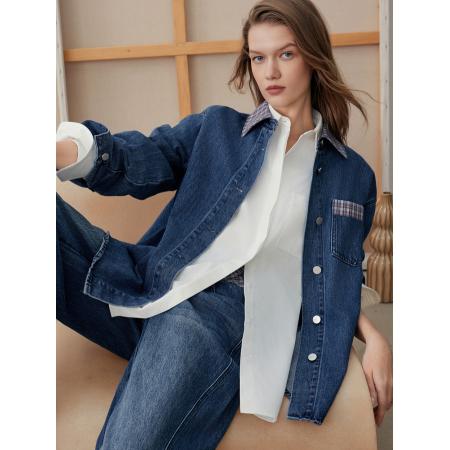 FA53738# 复古廓形牛仔衬衫女春新款天丝宽松拼接开衫外套 服裝批發女裝批發服飾貨源