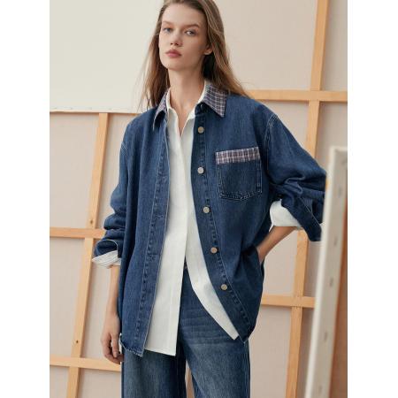 FA53738# 复古廓形牛仔衬衫女春新款天丝宽松拼接开衫外套 服裝批發女裝批發服飾貨源