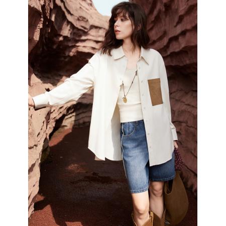 FA53739# 法式松弛感灯芯绒衬衫女春季新款廓形通勤宽松拼接衬衣开衫 服裝批發女裝批發服飾貨源