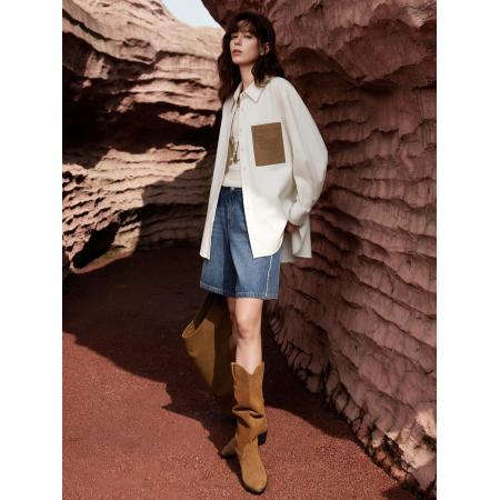 FA53739# 法式松弛感灯芯绒衬衫女春季新款廓形通勤宽松拼接衬衣开衫 服裝批發女裝批發服飾貨源