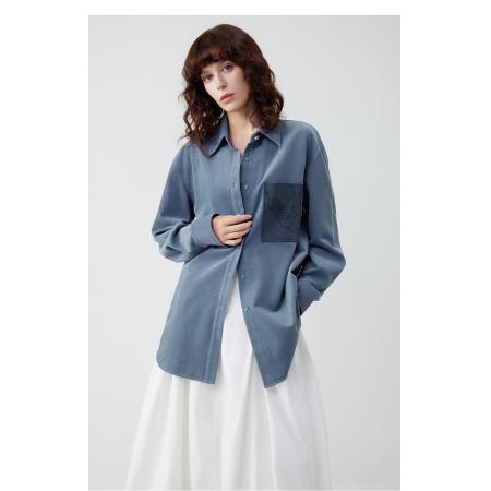 FA53739# 法式松弛感灯芯绒衬衫女春季新款廓形通勤宽松拼接衬衣开衫 服裝批發女裝批發服飾貨源