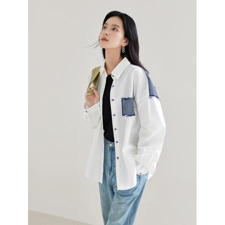 FA53742# 简约宽松牛仔拼接白衬衫外套女春季新款独特休闲开衫上衣 服裝批發女裝批發服飾貨源