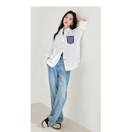 FA53742# 简约宽松牛仔拼接白衬衫外套女春季新款独特休闲开衫上衣 服裝批發女裝批發服飾貨源