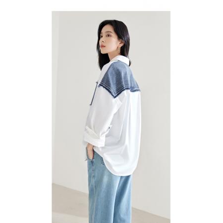 FA53742# 简约宽松牛仔拼接白衬衫外套女春季新款独特休闲开衫上衣 服裝批發女裝批發服飾貨源