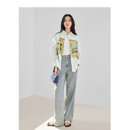 FA53745# 独特印花长袖衬衫女春季新款气质宽松开衫外套上衣 服裝批發女裝批發服飾貨源