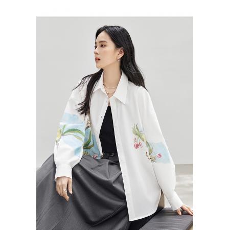 FA53746# 莱赛尔印花长袖白衬衫女春季新款小众宽松开衫外套上衣 服裝批發女裝批發服飾貨源